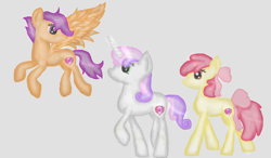 Size: 1024x600 | Tagged: safe, artist:lunabelle2001, imported from derpibooru, apple bloom, scootaloo, sweetie belle, cutie mark, cutie mark crusaders, older, scootaloo can fly, simple background, the cmc's cutie marks