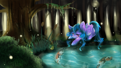 Size: 3840x2160 | Tagged: safe, artist:chocori, artist:dream--chan, imported from derpibooru, oc, oc only, fish, commission, crepuscular rays, forest, pond, smiling, solo