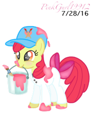 Size: 768x1024 | Tagged: safe, artist:cinnamon-swirls, artist:pinkgurl19912, imported from derpibooru, apple bloom, adorabloom, cap, clothes, cute, female, hat, older, paint, paint on fur, paintbrush, signature, simple background, solo, tail bow, transparent background