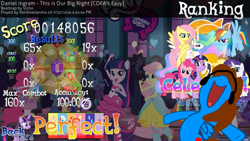 Size: 1920x1080 | Tagged: safe, imported from derpibooru, applejack, fluttershy, pinkie pie, princess celestia, rainbow dash, rarity, twilight sparkle, oc, oc:sandra garcia, alicorn, equestria girls, alicorn oc, celebrating, cheering, mane six, osu!, results, rhythm game, victory