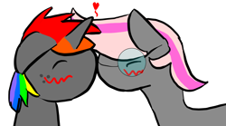 Size: 3240x1800 | Tagged: safe, artist:artdbait, deleted from derpibooru, imported from derpibooru, oc, oc only, oc:jannie daze, oc:krylone, pony, unicorn, blushing, freckles, glasses, heart, jannielone, kissing, no mouth, oc x oc, rainbow hair, shipping, shipping is magic, simple background, white background