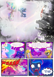 Size: 3500x4950 | Tagged: safe, artist:light262, artist:lummh, imported from derpibooru, king sombra, princess celestia, princess luna, changeling, pony, comic:timey wimey, blast, comic, fall of an empire, implied lord tirek, patreon, patreon logo, royal guard, royal sisters, siblings, sisters, speak of the devil