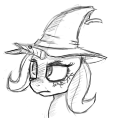 Size: 840x788 | Tagged: safe, artist:post-it, imported from derpibooru, trixie, pony, unicorn, alternate universe, female, hat, mare, monochrome, sketch, solo, sword rara, wart, wicxie, witch, witch hat