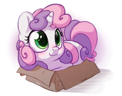 Size: 1400x1100 | Tagged: safe, artist:bobdude0, imported from derpibooru, sweetie belle, pony, unicorn, :3, behaving like a cat, blushing, box, cute, diasweetes, female, kitty belle, pony in a box, prone, simple background, smiling, solo, weapons-grade cute, white background