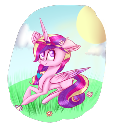 Size: 2000x2000 | Tagged: safe, artist:cadenza146, imported from derpibooru, princess cadance, alicorn, pony, braid, ear fluff, female, flower, flower in hair, mare, missing cutie mark, prone, smiling, solo