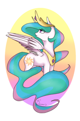 Size: 540x812 | Tagged: safe, artist:calla--lily, imported from derpibooru, princess celestia, female, looking back, solo, spread wings