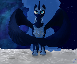 Size: 1024x842 | Tagged: safe, artist:com3tfire, imported from derpibooru, armor, large wings, moon, solo, spread wings