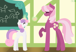 Size: 2200x1500 | Tagged: safe, artist:dashagame666, imported from derpibooru, cheerilee, sweetie belle, earth pony, pony, unicorn, apple, chalkboard, duo, duo female, eyes closed, female, food, magic, raised hoof, teacher and student, telekinesis