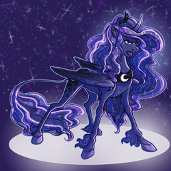 Size: 900x900 | Tagged: safe, artist:duckprince, imported from derpibooru, princess luna, classical unicorn, chest fluff, curved horn, ear fluff, female, leonine tail, solo, stars, unshorn fetlocks