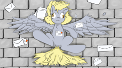 Size: 1920x1080 | Tagged: safe, artist:periodicbrony, imported from derpibooru, derpy hooves, pegasus, pony, chest fluff, feather, featureless crotch, female, mail, mailmare, mare, on back, smiling, solo, spread out hair, spread wings, wallpaper, wings