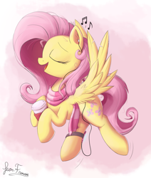 Size: 2200x2600 | Tagged: safe, artist:bugplayer, imported from derpibooru, fluttershy, pegasus, pony, beverage, clothes, cup, cute, drink, eyes closed, female, flying, headphones, hoof hold, ipod, listening, mare, mp3 player, music, music notes, open mouth, scarf, shyabetes, signature, singing, smiling, solo
