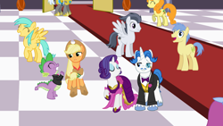 Size: 1280x720 | Tagged: safe, artist:nstone53, imported from derpibooru, applejack, carrot top, fancypants, golden harvest, goldengrape, rarity, rumble, sir colton vines iii, spike, sunshower raindrops, fanfic:bride of discord, clothes, dress, gala dress, older, royal guard