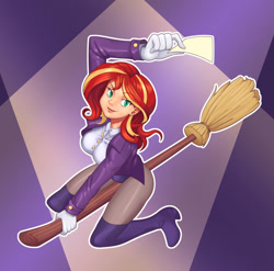 Size: 1280x1267 | Tagged: safe, artist:nauth, imported from derpibooru, sunset shimmer, human, breasts, broom, busty sunset shimmer, clothes, female, flying, flying broomstick, humanized, leotard, looking at you, magician outfit, pantyhose, smirk, solo