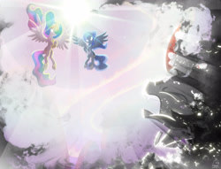 Size: 3500x2671 | Tagged: safe, artist:light262, artist:lummh, imported from derpibooru, king sombra, princess celestia, princess luna, alicorn, pony, umbrum, comic:timey wimey, blast, ethereal mane, eyes closed, glowing eyes, implied lord tirek, implied royal guard, light, open mouth, royal sisters