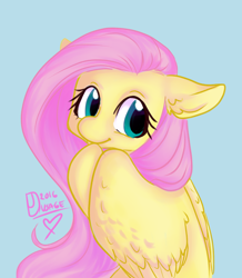 Size: 1024x1176 | Tagged: safe, artist:thatweirdpigeonlady, imported from derpibooru, fluttershy, pegasus, pony, cute, female, floppy ears, head turn, hoof on chin, looking at you, shyabetes, simple background, solo, turned head