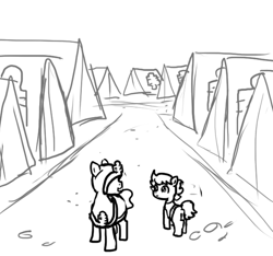 Size: 640x600 | Tagged: safe, artist:ficficponyfic, imported from derpibooru, oc, oc only, oc:ruby rouge, earth pony, pony, colt quest, belt, camp, child, cloak, clothes, dirt, female, filly, foal, hood, monochrome, road, robe, story included, tent, tents, trail, uniform