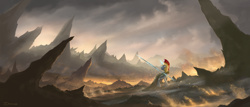 Size: 2360x1012 | Tagged: dead source, safe, artist:shamanguli, imported from derpibooru, oc, oc only, pony, unicorn, fire, helmet, magic, royal guard, scenery, solo, spear, weapon