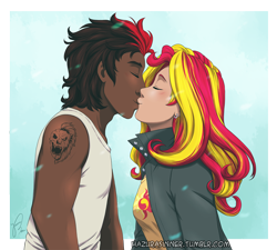 Size: 1016x915 | Tagged: safe, artist:hazurasinner, imported from derpibooru, sunset shimmer, oc, oc:blitz, oc:blitz ranger, human, blitzshimmer, canon x oc, dark skin, female, humanized, kissing, male, shipping, straight, writer:wftc141