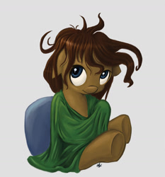 Size: 1460x1567 | Tagged: safe, artist:genbulein, imported from derpibooru, oc, oc only, oc:heartbreak, earth pony, pony, blanket, blue eyes, cute, female, human in equestria, human to pony, male to female, mare, messy mane, my little heartbreak, pillow, rule 63, solo