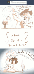 Size: 1280x2760 | Tagged: safe, artist:ncmares, imported from derpibooru, applejack, pony, accident, animated, apple tree, applebucking, ask, big-apple-pony, dialogue, female, giant pony, limited palette, macro, solo, this ended in tears, tree, tumblr