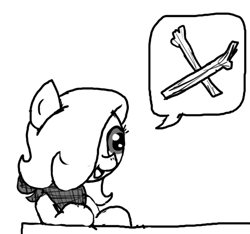 Size: 640x600 | Tagged: safe, artist:ficficponyfic, imported from derpibooru, oc, oc only, oc:emerald jewel, earth pony, pony, colt quest, bandana, boy, chair, child, colt, cute, femboy, foal, hair over one eye, male, monochrome, plate, solo, stick, sticks, story included, table, talking, wood