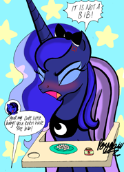 Size: 2181x3021 | Tagged: safe, artist:darkest-lunar-flower, derpibooru exclusive, imported from derpibooru, princess luna, oc, oc:darkest lunar flower, angry, baby food, bib, blushing, bow, chair, cross-popping veins, cute, highchair, lunabetes, misspelling of you're, stars
