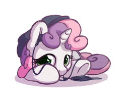 Size: 1400x1100 | Tagged: safe, artist:bobdude0, imported from derpibooru, sweetie belle, beanie, cute, diasweetes, earbuds, female, hat, looking at you, prone, simple background, solo, underhoof, white background