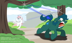 Size: 1024x614 | Tagged: safe, artist:niban-destikim, imported from derpibooru, nurse redheart, oc, oc:poison trail, dart, panic, throwing