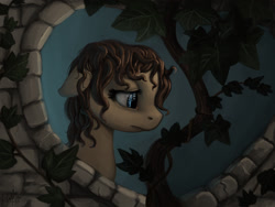 Size: 1200x900 | Tagged: safe, artist:genbulein, imported from derpibooru, ivy, oc, oc only, oc:heartbreak, earth pony, pony, cyan eyes, female, heart, human in equestria, human to pony, ivy (plant), male to female, mare, messy mane, my little heartbreak, rule 63, sad, solo, vine