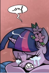 Size: 609x909 | Tagged: safe, idw, imported from derpibooru, twilight sparkle, spoiler:comic, crying, eyes closed, female, flower, flower in hair, gritted teeth, nose wrinkle, sad, solo
