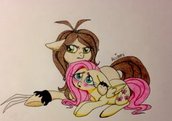 Size: 2731x1922 | Tagged: safe, artist:ameliacostanza, imported from derpibooru, fluttershy, andrea libman, claws, crossover, duo, laura kinney, marvel, ponified, traditional art, voice actor joke, x-23, x-men