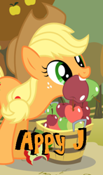 Size: 291x495 | Tagged: safe, imported from derpibooru, applejack, apple, apple core, caption, female, food, image macro, meme, solo