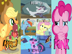 Size: 1024x768 | Tagged: safe, imported from derpibooru, applejack, fluttershy, pinkie pie, rainbow dash, rarity, tom, twilight sparkle, unicorn, friendship is magic, the return of harmony, apple, apple core, book, caption, derp, discorded, food, image macro, mane six, meme, pinkie derp, unicorn twilight