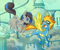 Size: 1024x863 | Tagged: safe, artist:lyricjam, imported from derpibooru, spitfire, oc, pegasus, pony, clothes, cloudsdale, commission, flying, wonderbolts uniform