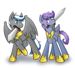 Size: 5669x5102 | Tagged: safe, artist:apple-crumbler, imported from derpibooru, oc, oc only, oc:cloud zapper, oc:windy dripper, pegasus, pony, absurd resolution, armor, mouth hold, royal guard, sword, weapon