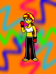 Size: 768x1024 | Tagged: safe, artist:bronymeister, imported from derpibooru, sunset shimmer, equestria girls, barefoot, belly button, boxing gloves, clothes, feet, martial arts, midriff, sports bra