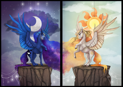 Size: 1024x727 | Tagged: safe, artist:casynuf, imported from derpibooru, princess celestia, princess luna, alicorn, pony, alternate hair color, cloud, colored hooves, ethereal mane, galaxy mane, moon, profile, raised hoof, realistic horse legs, rearing, royal sisters, siblings, sisters, spread wings, starry mane, stars, sun, two toned wings