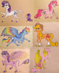 Size: 1800x2205 | Tagged: safe, artist:ambergerr, imported from derpibooru, applejack, fluttershy, pinkie pie, rainbow dash, rarity, twilight sparkle, alicorn, classical unicorn, earth pony, pegasus, pony, unicorn, cheek fluff, chest fluff, cloven hooves, colored wings, colored wingtips, ear fluff, eyes closed, female, fluffy, grin, hoof fluff, jumping, leg fluff, leonine tail, lidded eyes, looking at you, looking back, looking up, mane six, mare, multicolored wings, rainbow wings, raised hoof, raised leg, running, shoulder fluff, sitting, smiling, spread wings, tail fluff, traditional art, twilight sparkle (alicorn), unshorn fetlocks, wing fluff, wings