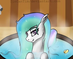 Size: 814x661 | Tagged: safe, artist:tincantim, imported from derpibooru, princess celestia, bathtub, female, missing horn, rubber duck, solo, spa, water, wet mane