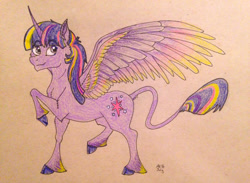 Size: 1280x938 | Tagged: safe, artist:ambergerr, imported from derpibooru, twilight sparkle, alicorn, classical unicorn, pony, cloven hooves, female, leonine tail, rainbow power, solo, traditional art, twilight sparkle (alicorn), unshorn fetlocks