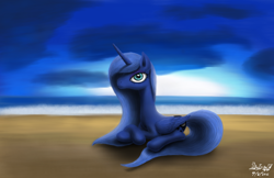 Size: 3400x2200 | Tagged: safe, artist:mcflurrylazermuffin, imported from derpibooru, princess luna, beach, cloud, female, missing accessory, night, prone, solo