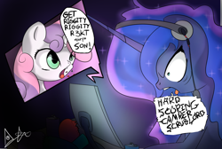 Size: 1226x826 | Tagged: safe, artist:jonathan the awesome, derpibooru exclusive, imported from derpibooru, princess luna, sweetie belle, gamer luna, computer, rick and morty