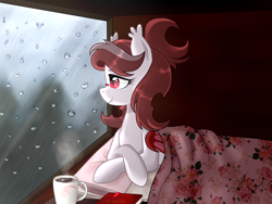 Size: 1600x1200 | Tagged: safe, artist:kaikururu, imported from derpibooru, oc, oc only, oc:scarlet quill, bat pony, pony, blanket, book, coffee, glasses, hair bun, rain, solo, window