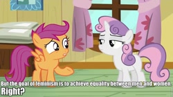 Size: 960x539 | Tagged: safe, edit, edited screencap, imported from derpibooru, screencap, scootaloo, sweetie belle, pegasus, pony, unicorn, bloom and gloom, antifeminism, duo, female, feminism, filly, foal, image macro, impact font, meme, mouthpiece, scootaloo is wrong about everything