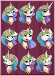 Size: 3165x4373 | Tagged: safe, artist:magnaluna, imported from derpibooru, princess celestia, :p, absurd resolution, angry, annoyed, blushing, curious, cute, cutelestia, face, goofy, happy, nervous, sad, serious face, sillestia, smiling, stern, tongue out