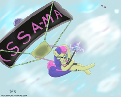 Size: 1500x1200 | Tagged: safe, artist:halflingpony, imported from derpibooru, bon bon, sweetie drops, female, parachute, plane, secret agent sweetie drops, signature, solo, stun gun, sunglasses