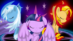 Size: 1920x1080 | Tagged: safe, artist:darkwolfmx, imported from derpibooru, sunset shimmer, trixie, twilight sparkle, alicorn, pony, unicorn, counterparts, eyes closed, female, floppy ears, magic, magic circle, magical trio, mare, trio, trio female, twilight sparkle (alicorn), twilight's counterparts