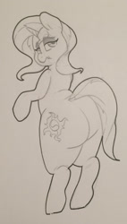 Size: 1091x1920 | Tagged: safe, artist:zacharyisaacs, imported from derpibooru, sunset shimmer, pony, bipedal, butt, chubby, female, monochrome, plot, solo, traditional art