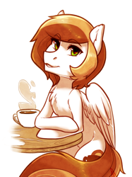 Size: 1200x1601 | Tagged: safe, artist:maccoffee, imported from derpibooru, oc, oc only, oc:coffee cream, pegasus, pony, coffee, looking at you, male, simple background, solo, table