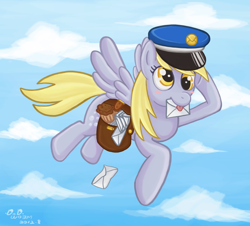 Size: 1932x1747 | Tagged: dead source, safe, artist:eddiedodoman, imported from derpibooru, derpy hooves, pegasus, pony, cloud, female, food, hat, letter, mail, mare, muffin, solo